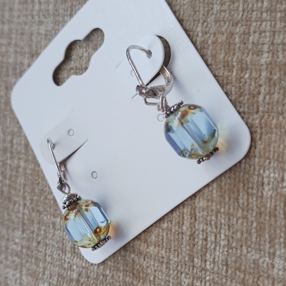 Silver Leverback Beveled Denim Brown Glass Beaded Dangle Earrings - Picture 1 of 12